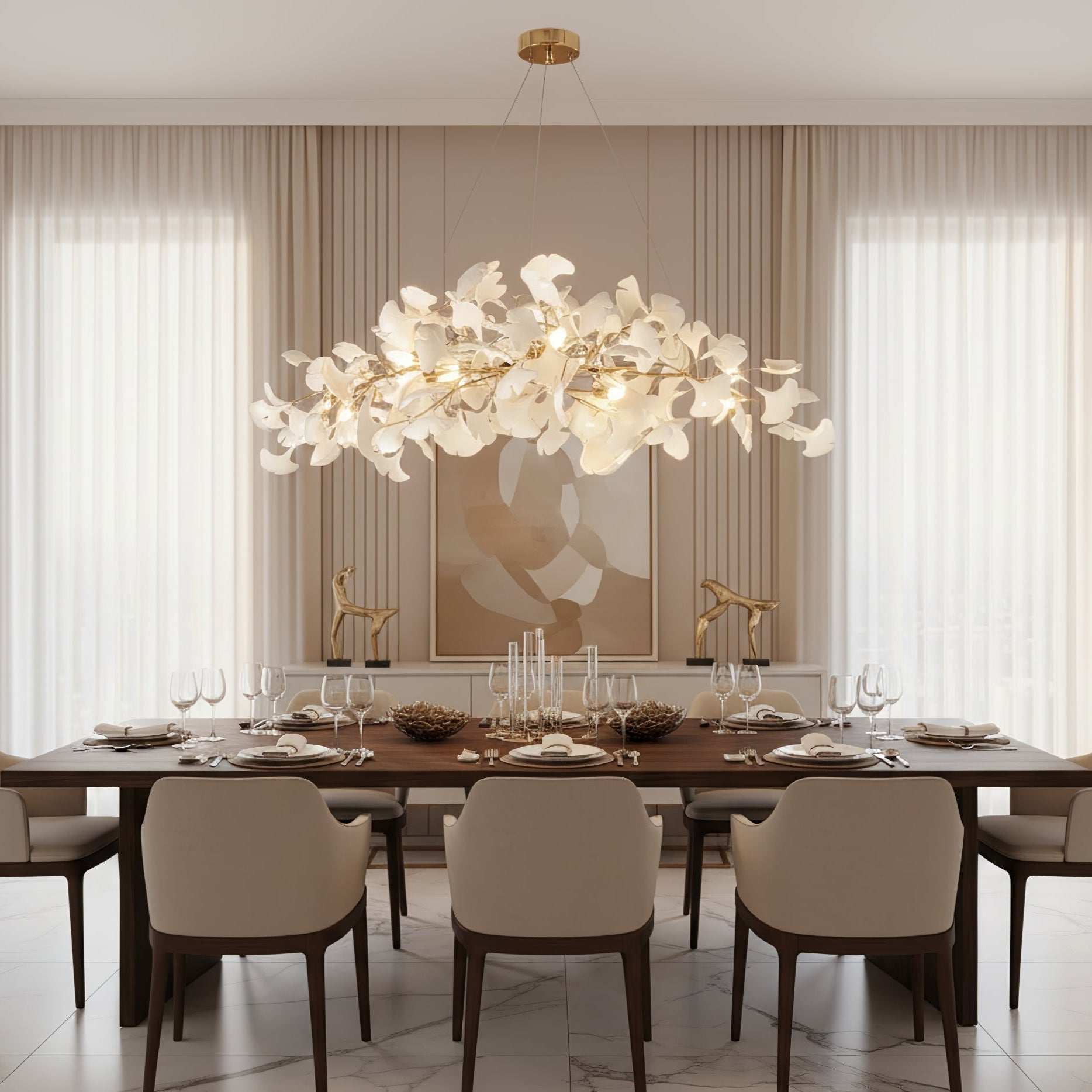 Ginkgo Tree Ceramic Petal Chandelier 70 in x 27.6 in Gold Indoor Ceiling Light | Thomler