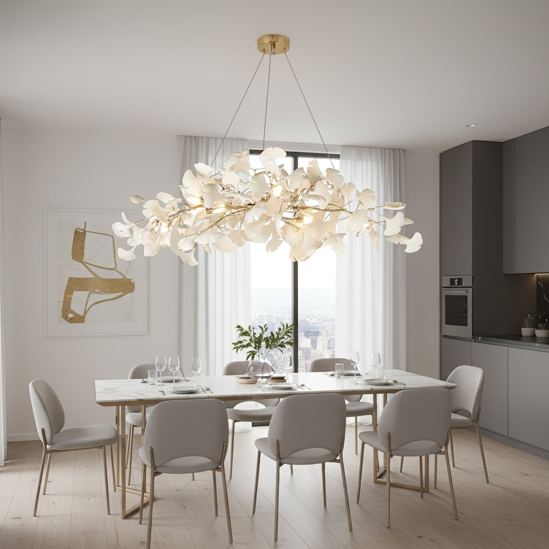 Ginkgo Tree Ceramic Petal Chandelier 70 in x 27.6 in Gold Indoor Ceiling Light | Thomler