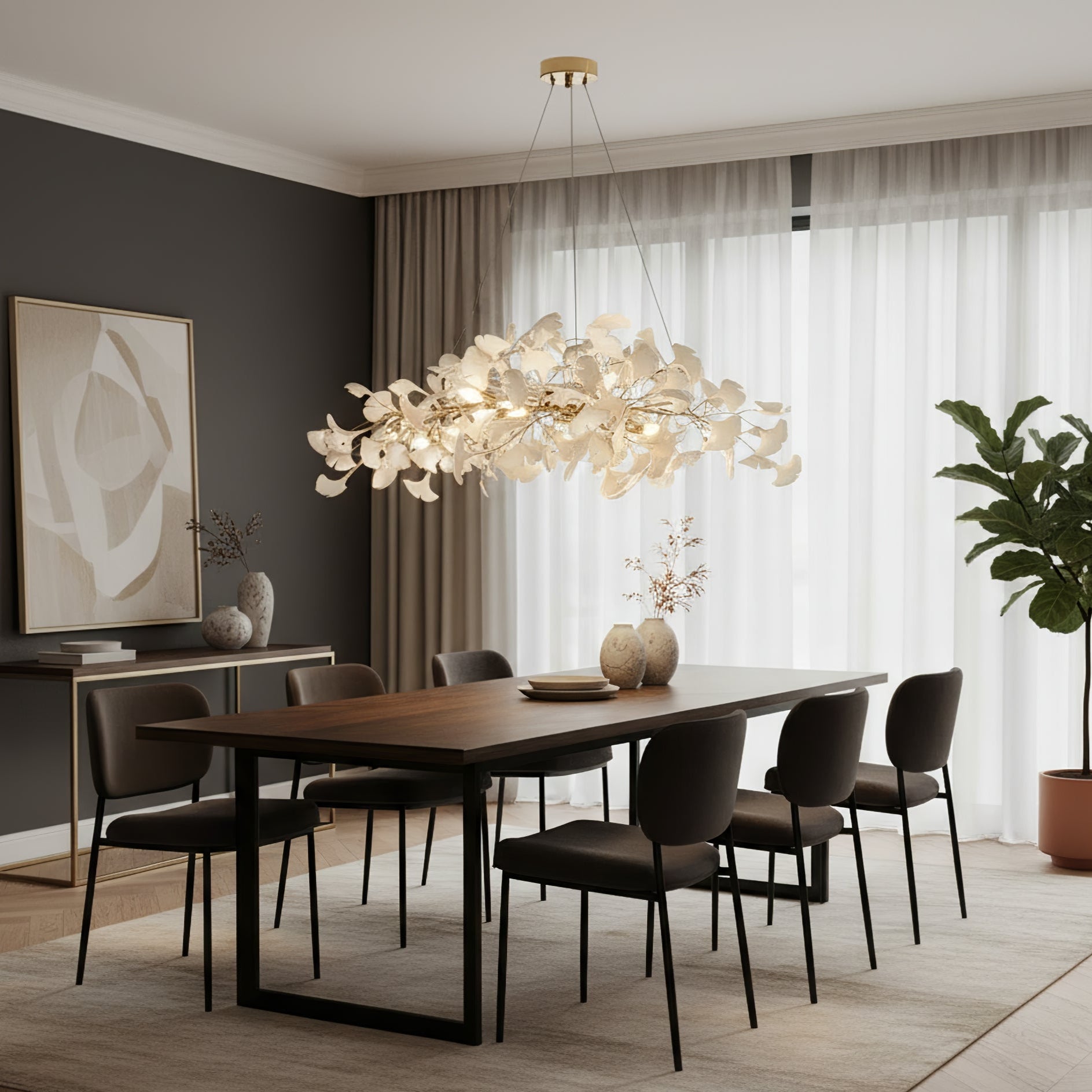 Ginkgo Tree Ceramic Petal Chandelier 70 in x 27.6 in Gold Indoor Ceiling Light | Thomler
