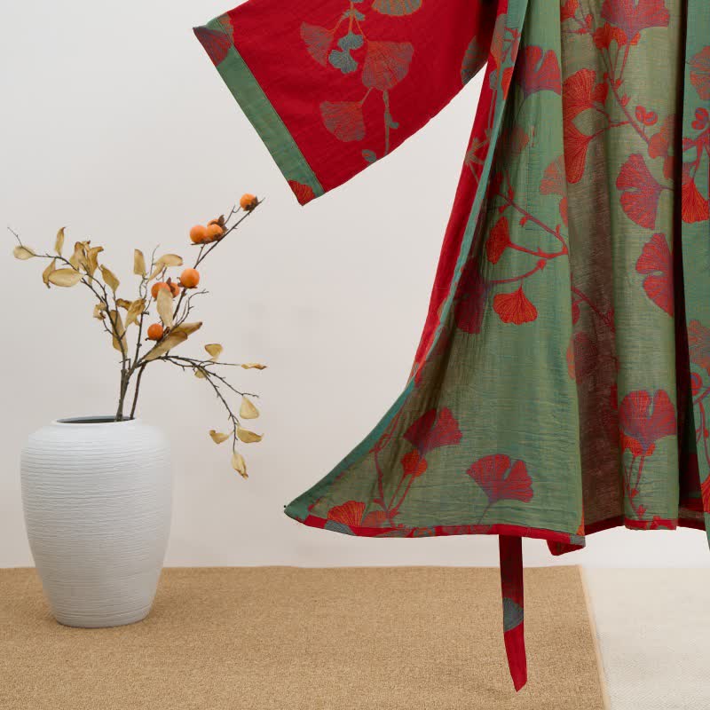 Reversible Cotton Kimono Robe with Ginkgo Leaf Print for Women - Lightweight Spa Bathrobe with Belt & Dual-Tone Design | Thomler