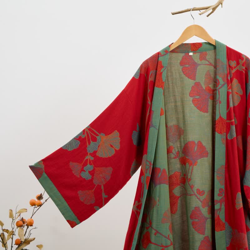 Reversible Cotton Kimono Robe with Ginkgo Leaf Print for Women - Lightweight Spa Bathrobe with Belt & Dual-Tone Design | Thomler