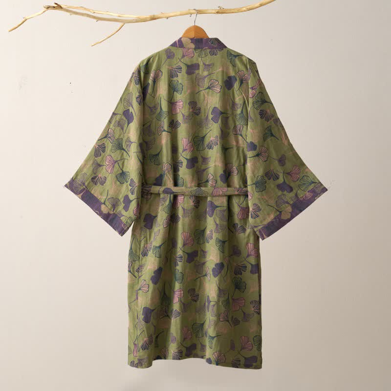 Cotton Gauze Kimono Robe Women Men Lightweight Bathrobe Ginkgo Leaf Pattern Unisex Loungewear Spa Wrap Housecoat Sleepwear Quick-Dry | Thomler