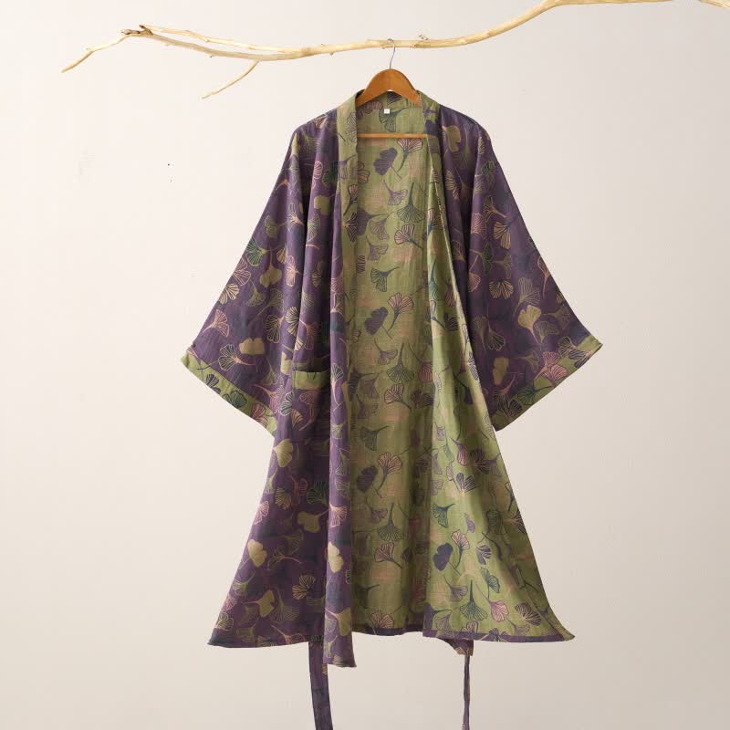 Cotton Gauze Kimono Robe Women Men Lightweight Bathrobe Ginkgo Leaf Pattern Unisex Loungewear Spa Wrap Housecoat Sleepwear Quick-Dry | Thomler