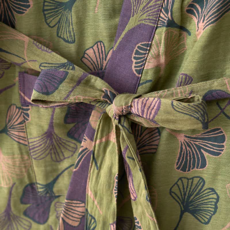 Cotton Gauze Kimono Robe Women Men Lightweight Bathrobe Ginkgo Leaf Pattern Unisex Loungewear Spa Wrap Housecoat Sleepwear Quick-Dry | Thomler