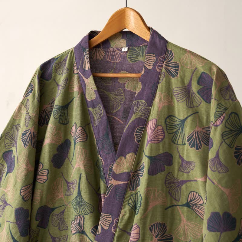Cotton Gauze Kimono Robe Women Men Lightweight Bathrobe Ginkgo Leaf Pattern Unisex Loungewear Spa Wrap Housecoat Sleepwear Quick-Dry | Thomler