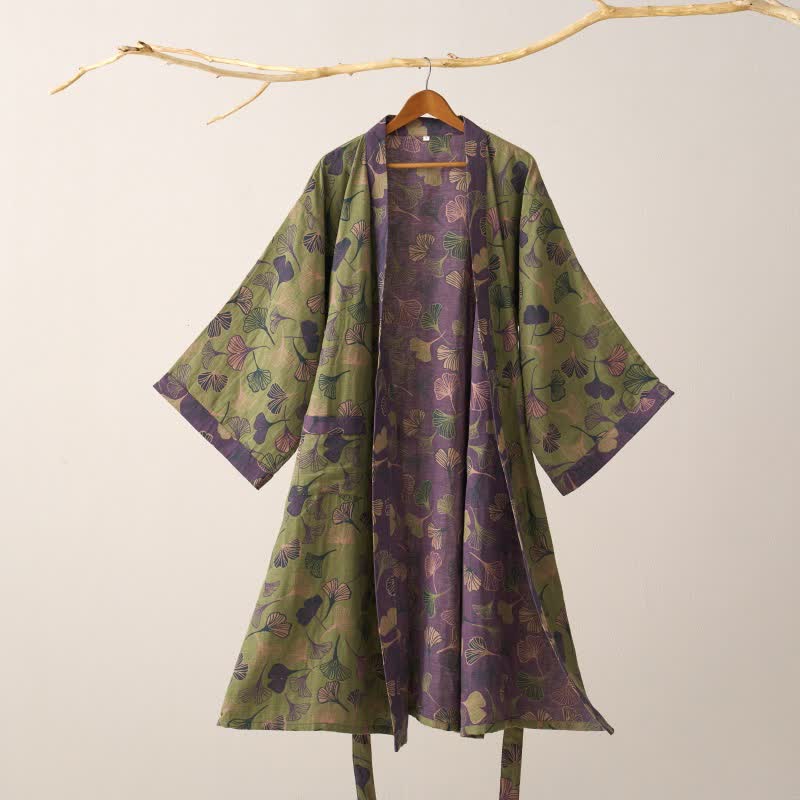 Cotton Gauze Kimono Robe Women Men Lightweight Bathrobe Ginkgo Leaf Pattern Unisex Loungewear Spa Wrap Housecoat Sleepwear Quick-Dry | Thomler