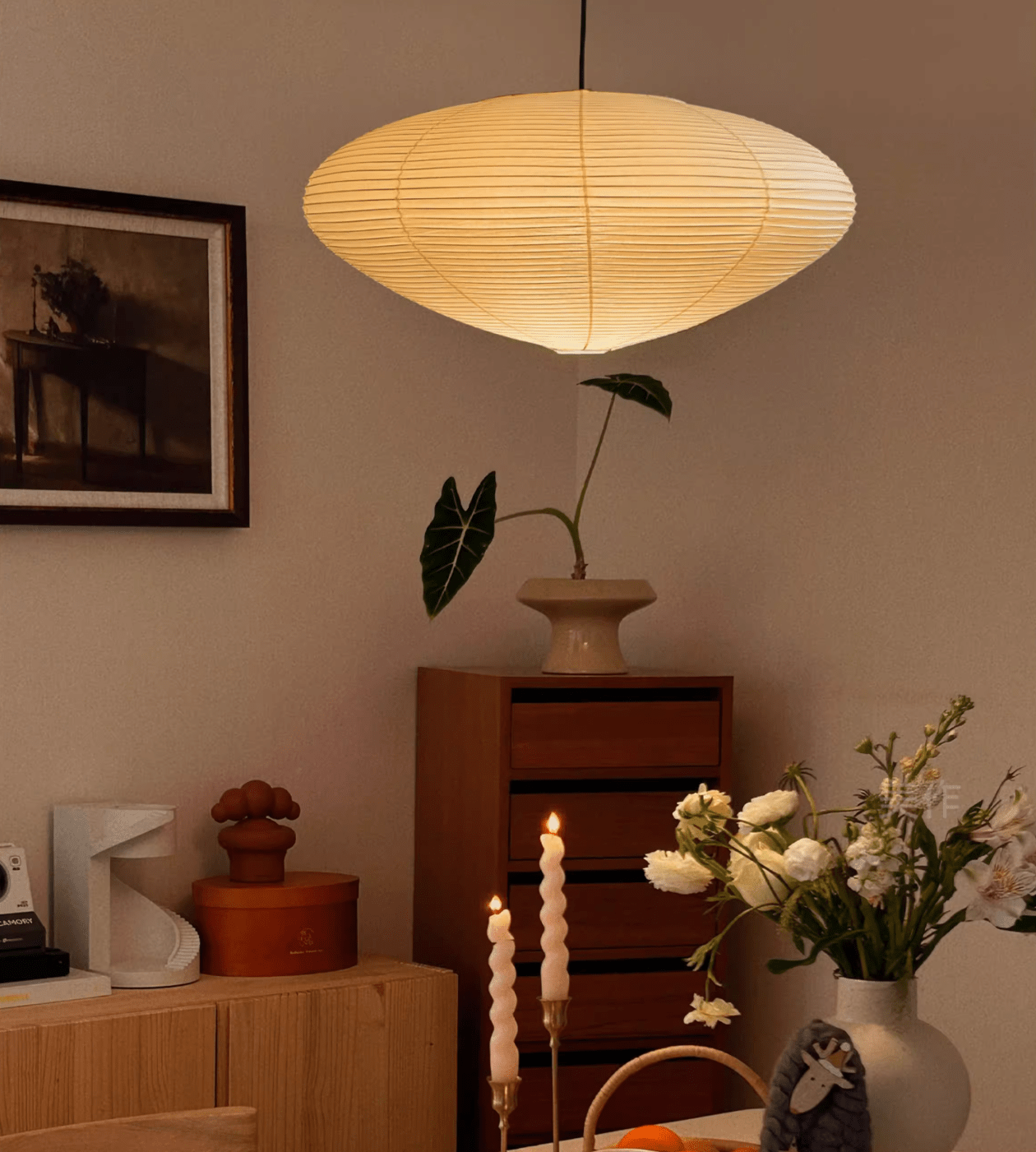 Akari Handcrafted Mulberry Paper Pendant Light 17.7 in Ceiling Indoor Warm Glow LED Edison Bulb | Thomler