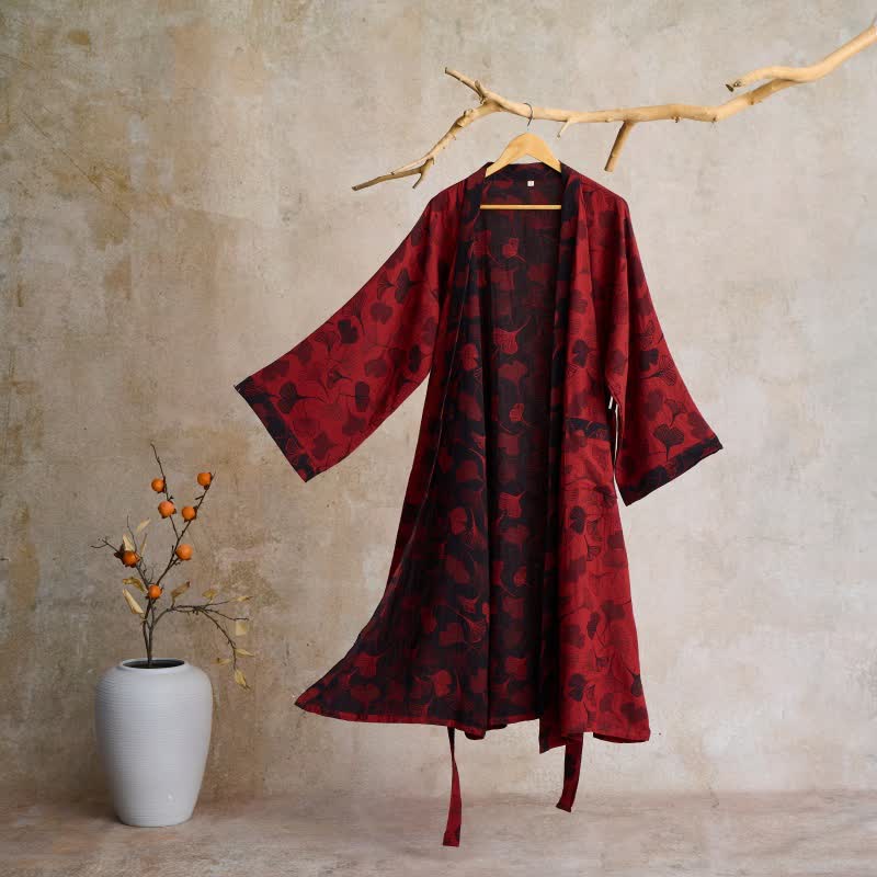 Cotton Gauze Kimono Robe Women Men Lightweight Bathrobe Ginkgo Leaf Pattern Unisex Loungewear Spa Wrap Housecoat Sleepwear Quick-Dry | Thomler