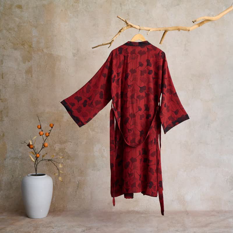 Cotton Gauze Kimono Robe Women Men Lightweight Bathrobe Ginkgo Leaf Pattern Unisex Loungewear Spa Wrap Housecoat Sleepwear Quick-Dry | Thomler