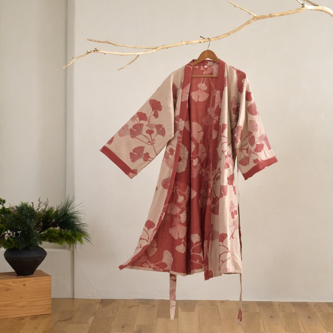 Women's Japanese-Style Cotton Gauze Robe with Oversized Botanical Print | Lightweight Kimono Wrap for Loungewear & Sleepwear | Thomler