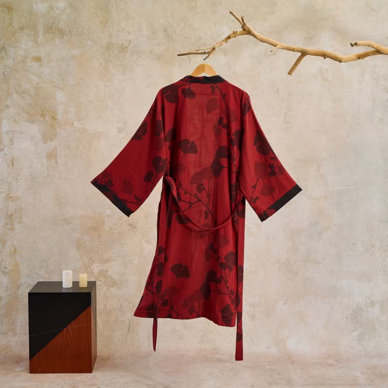 Women's Japanese-Style Cotton Gauze Robe with Oversized Botanical Print | Lightweight Kimono Wrap for Loungewear & Sleepwear | Thomler
