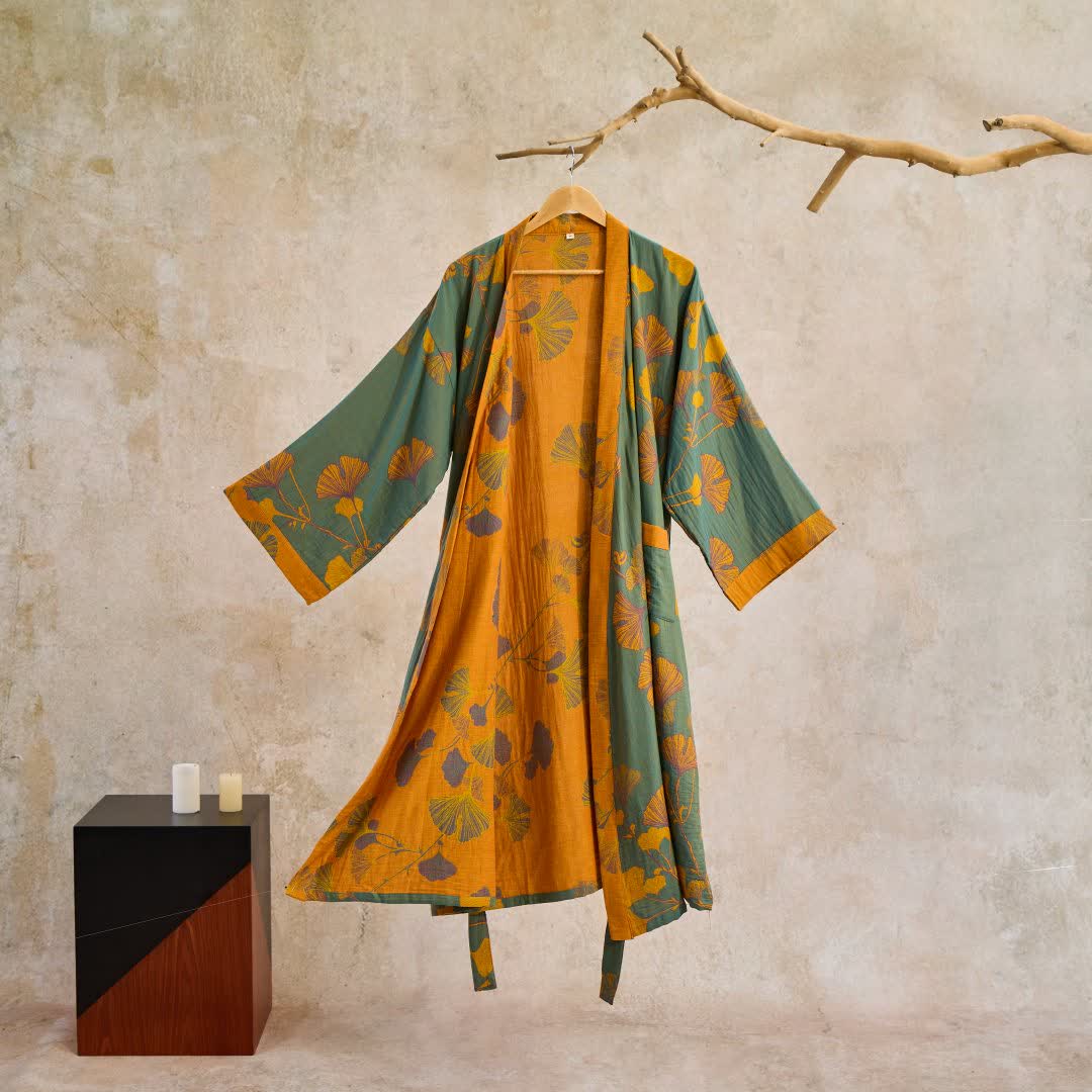 Women's Japanese-Style Cotton Gauze Robe with Oversized Botanical Print | Lightweight Kimono Wrap for Loungewear & Sleepwear | Thomler