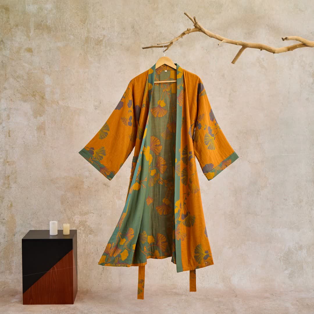 Women's Japanese-Style Cotton Gauze Robe with Oversized Botanical Print | Lightweight Kimono Wrap for Loungewear & Sleepwear | Thomler