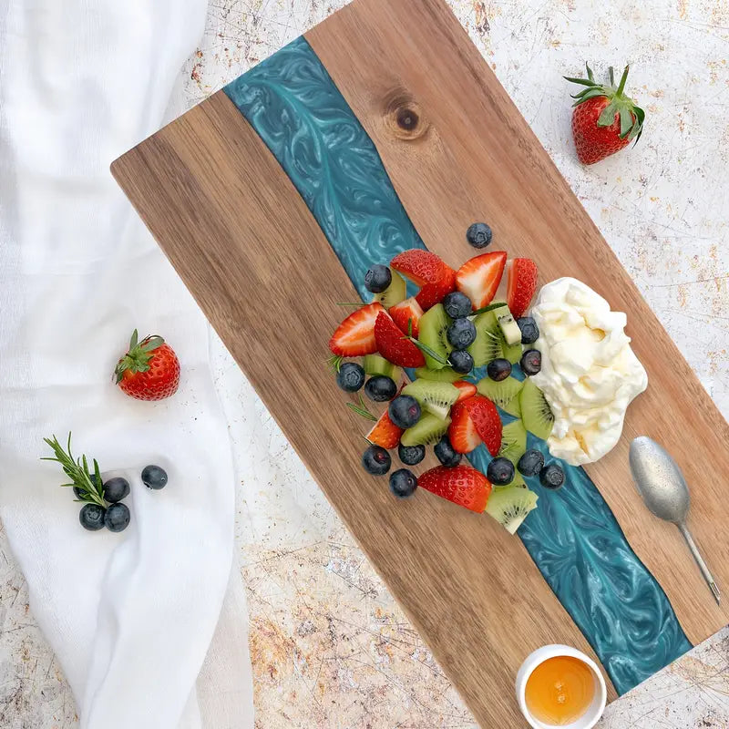 Acacia Wood Serving Board with Blue Resin River Design 18x9 Inch Charcuterie Platter Butcher Block Cutting Surface for Cheese Meat Bread | Thomler