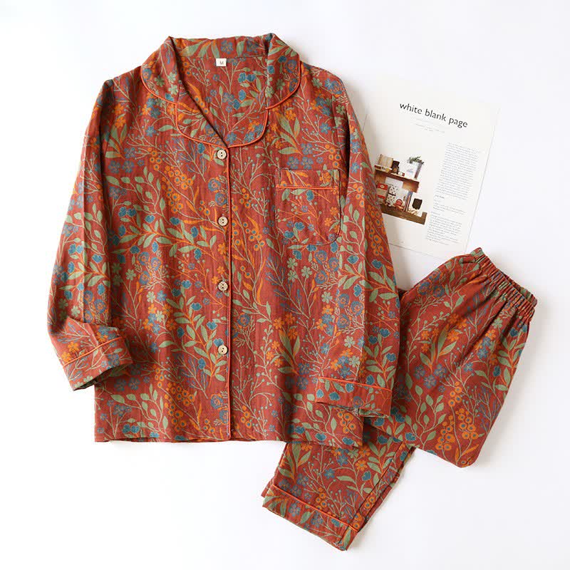 Women's Cotton Pajama Set with Botanical Leaf Print & Button-Down Top for Lounging | Thomler