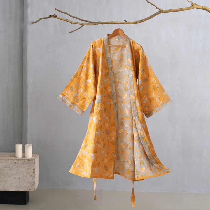 Cotton Gauze Kimono Robe Women Men Lightweight Bathrobe Ginkgo Leaf Pattern Unisex Loungewear Spa Wrap Housecoat Sleepwear Quick-Dry | Thomler