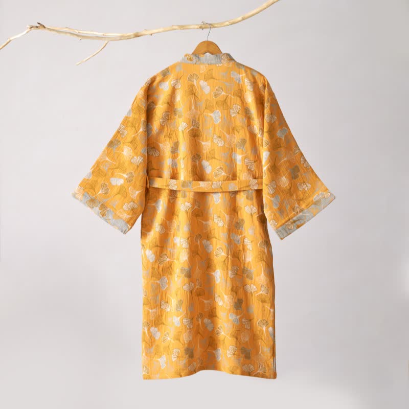 Cotton Gauze Kimono Robe Women Men Lightweight Bathrobe Ginkgo Leaf Pattern Unisex Loungewear Spa Wrap Housecoat Sleepwear Quick-Dry | Thomler