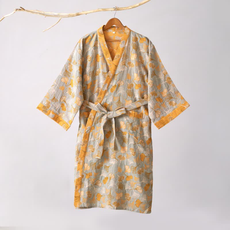 Cotton Gauze Kimono Robe Women Men Lightweight Bathrobe Ginkgo Leaf Pattern Unisex Loungewear Spa Wrap Housecoat Sleepwear Quick-Dry | Thomler