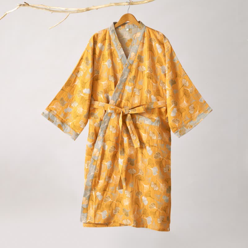 Cotton Gauze Kimono Robe Women Men Lightweight Bathrobe Ginkgo Leaf Pattern Unisex Loungewear Spa Wrap Housecoat Sleepwear Quick-Dry | Thomler