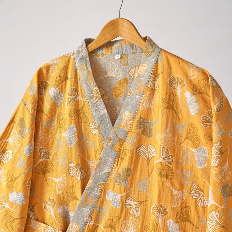 Cotton Gauze Kimono Robe Women Men Lightweight Bathrobe Ginkgo Leaf Pattern Unisex Loungewear Spa Wrap Housecoat Sleepwear Quick-Dry | Thomler