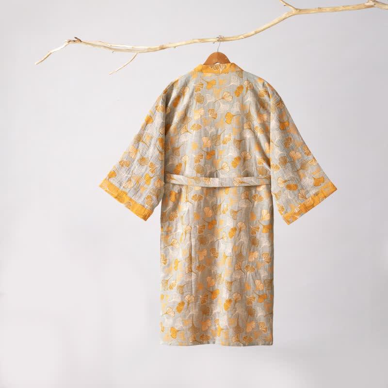 Cotton Gauze Kimono Robe Women Men Lightweight Bathrobe Ginkgo Leaf Pattern Unisex Loungewear Spa Wrap Housecoat Sleepwear Quick-Dry | Thomler