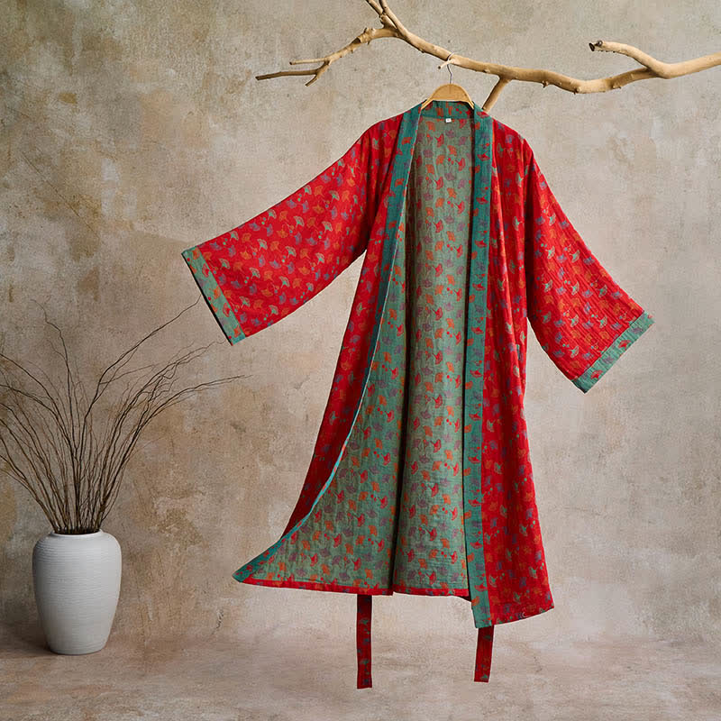 Lightweight Cotton Gauze Kimono Robe for Women & Men – Japanese Style Loungewear with Ginkgo Leaf Print & Adjustable Tie – Breathable | Thomler