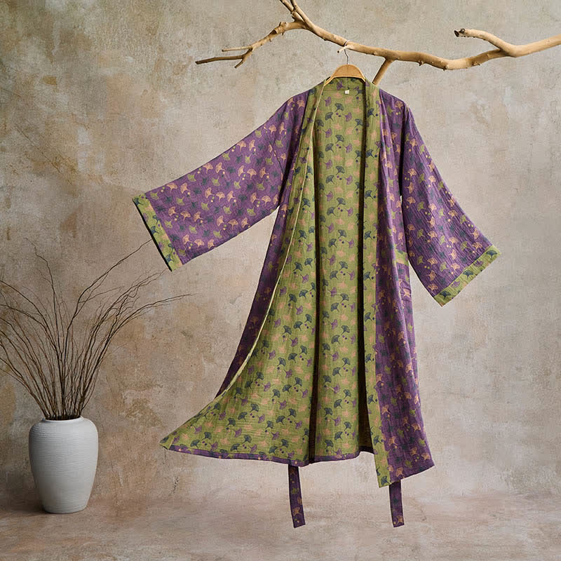 Lightweight Cotton Gauze Kimono Robe for Women & Men – Japanese Style Loungewear with Ginkgo Leaf Print & Adjustable Tie – Breathable | Thomler