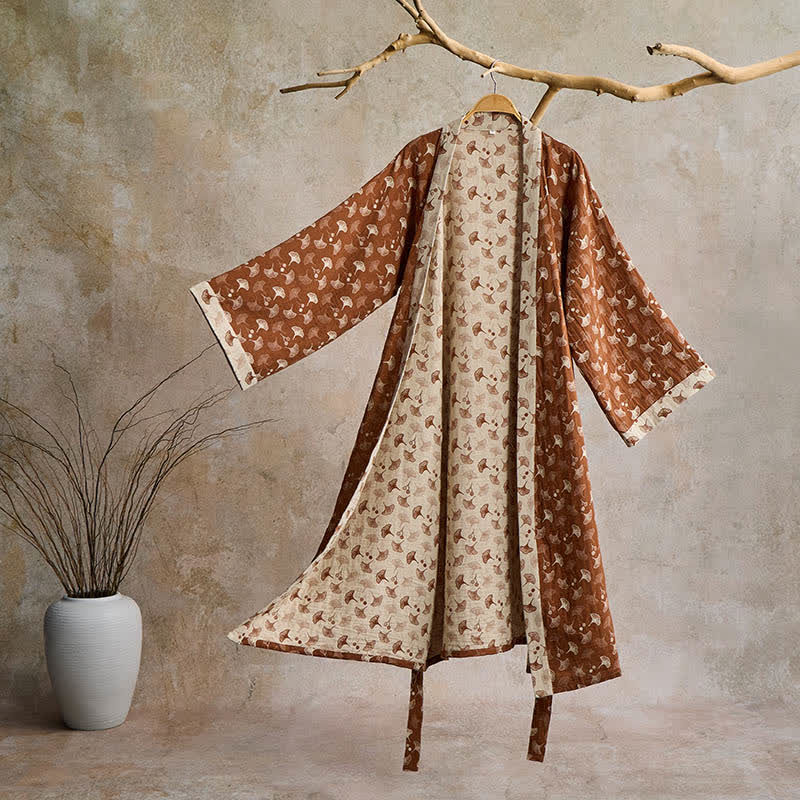 Lightweight Cotton Gauze Kimono Robe for Women & Men – Japanese Style Loungewear with Ginkgo Leaf Print & Adjustable Tie – Breathable | Thomler