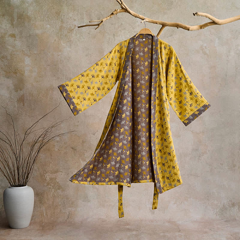 Lightweight Cotton Gauze Kimono Robe for Women & Men – Japanese Style Loungewear with Ginkgo Leaf Print & Adjustable Tie – Breathable | Thomler