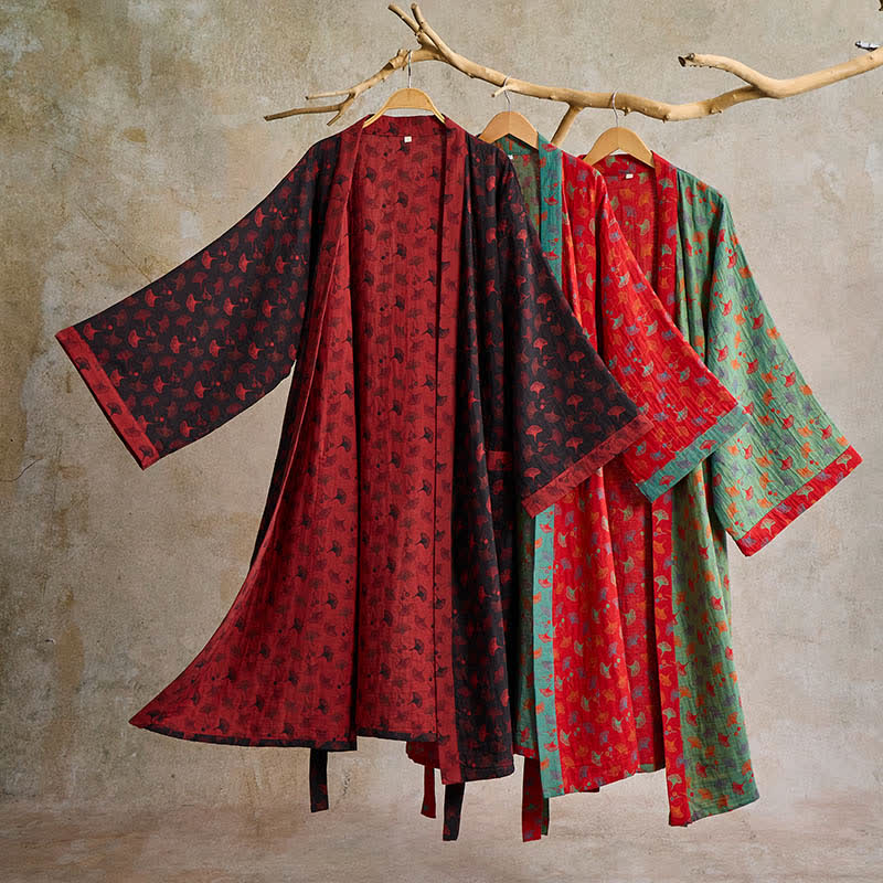 Lightweight Cotton Gauze Kimono Robe for Women & Men – Japanese Style Loungewear with Ginkgo Leaf Print & Adjustable Tie – Breathable | Thomler