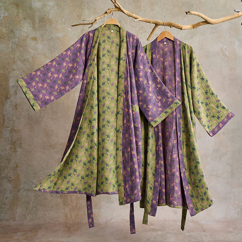 Lightweight Cotton Gauze Kimono Robe for Women & Men – Japanese Style Loungewear with Ginkgo Leaf Print & Adjustable Tie – Breathable | Thomler