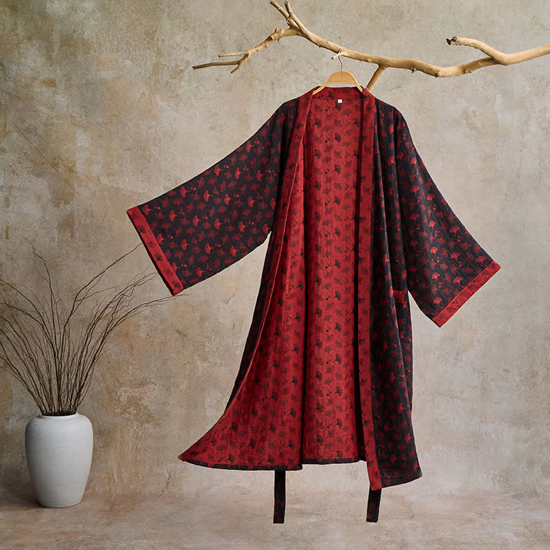Lightweight Cotton Gauze Kimono Robe for Women & Men – Japanese Style Loungewear with Ginkgo Leaf Print & Adjustable Tie – Breathable | Thomler