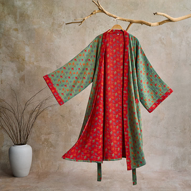 Lightweight Cotton Gauze Kimono Robe for Women & Men – Japanese Style Loungewear with Ginkgo Leaf Print & Adjustable Tie – Breathable | Thomler