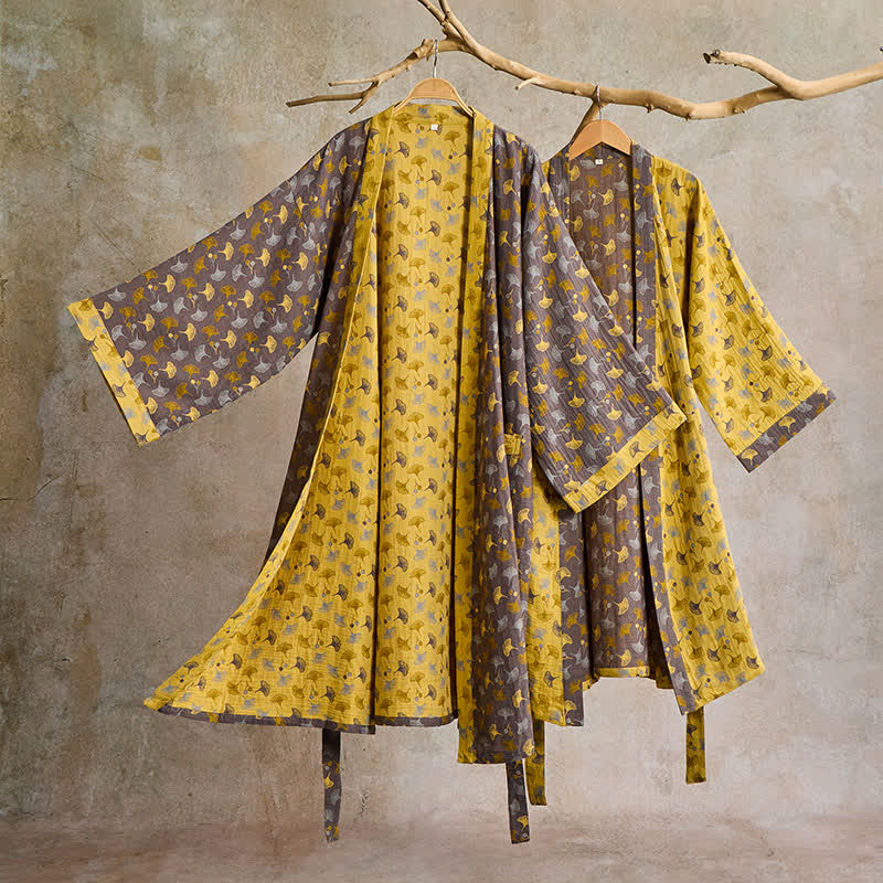Lightweight Cotton Gauze Kimono Robe for Women & Men – Japanese Style Loungewear with Ginkgo Leaf Print & Adjustable Tie – Breathable | Thomler