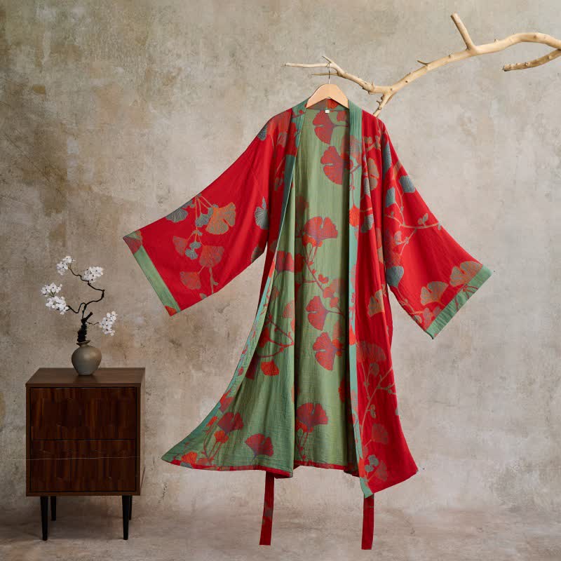 Reversible Cotton Kimono Robe with Ginkgo Leaf Print for Women - Lightweight Spa Bathrobe with Belt & Dual-Tone Design | Thomler