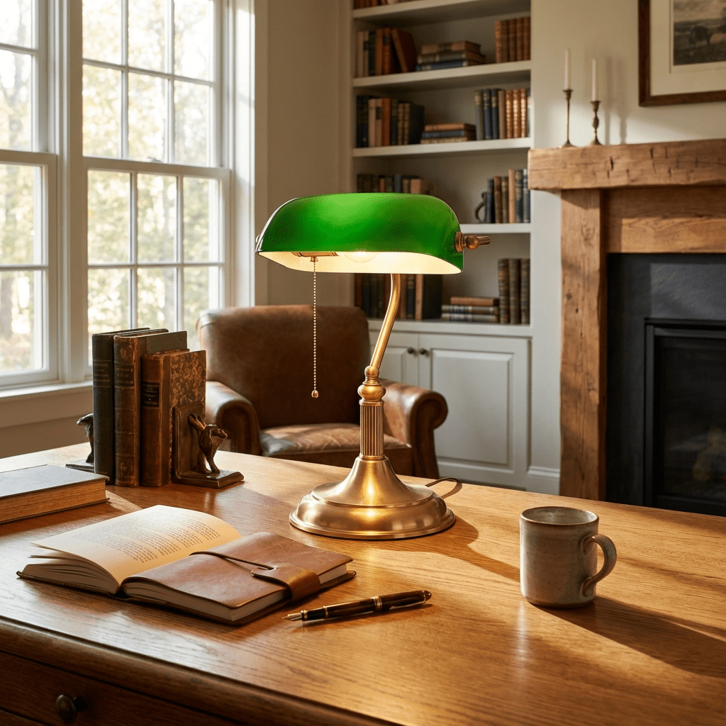 Classic Banker's Desk Lamp with Green Glass Shade – Brass Finish Reading Light for Office & Library | Thomler