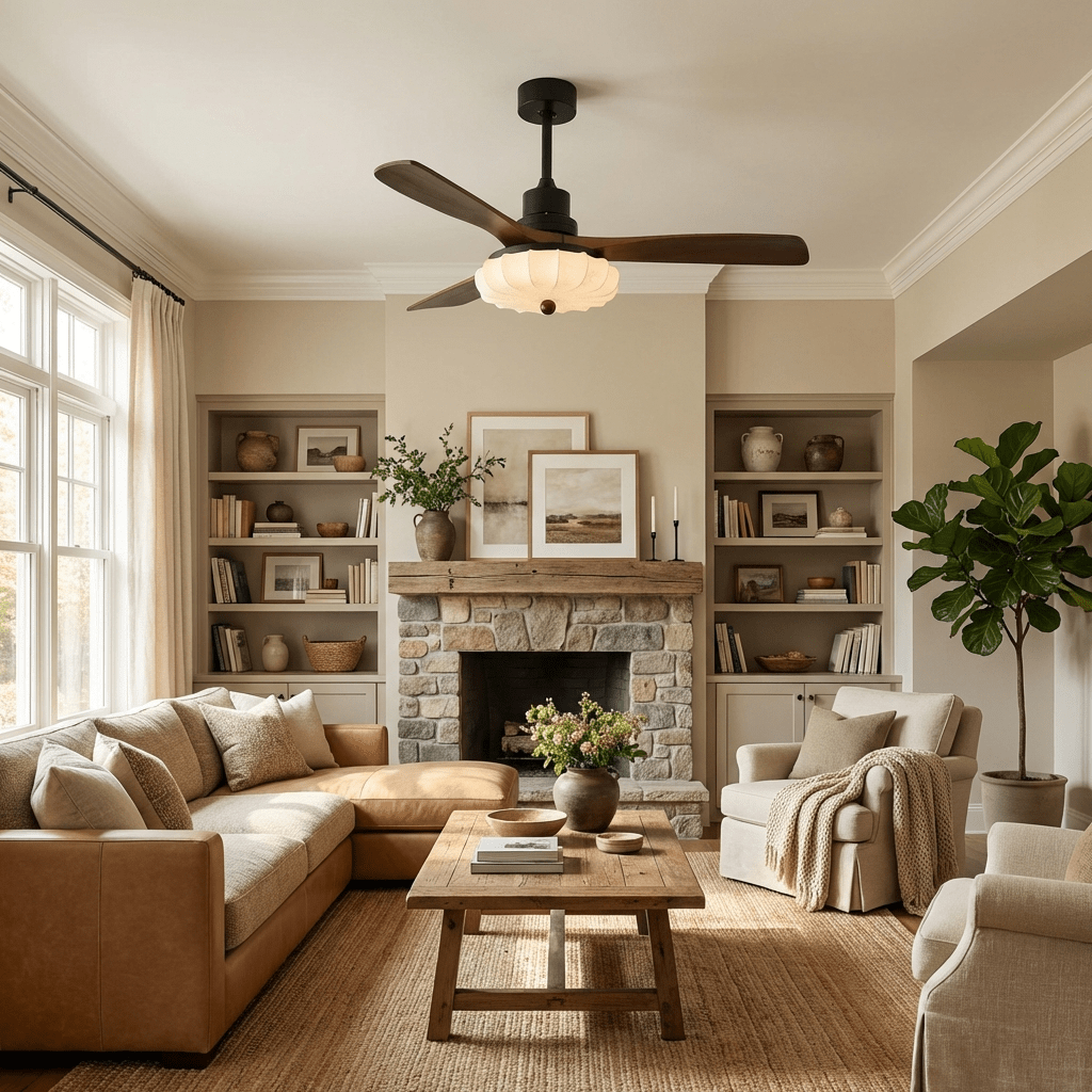 Fabric Ceiling Fan Light 36–52 in Adjustable Walnut Wood Blades Indoor Dining Living Room Bedroom Lighting | Thomler