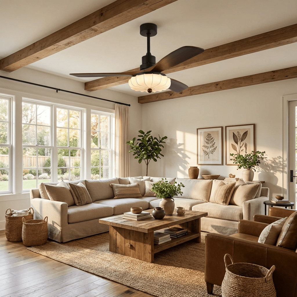 Fabric Ceiling Fan Light 36–52 in Adjustable Walnut Wood Blades Indoor Dining Living Room Bedroom Lighting | Thomler