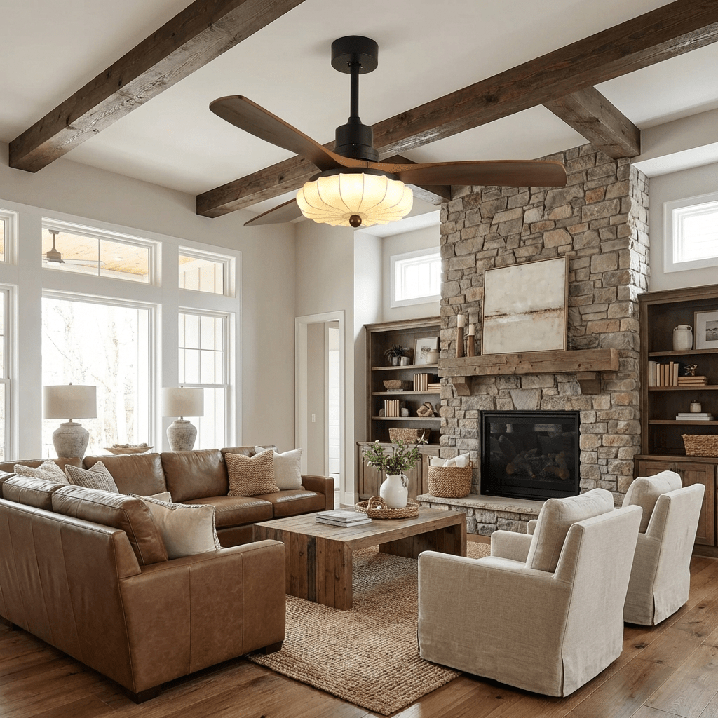 Fabric Ceiling Fan Light 36–52 in Adjustable Walnut Wood Blades Indoor Dining Living Room Bedroom Lighting | Thomler