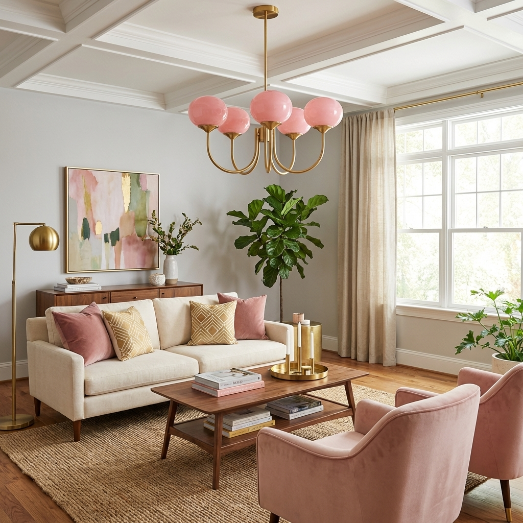 Modern Pink Glass Ceiling Light 18.1 in 3-5 Head Indoor Fixture Copper Chrome Finish Living Room Dining Room Bedroom Lighting | Thomler