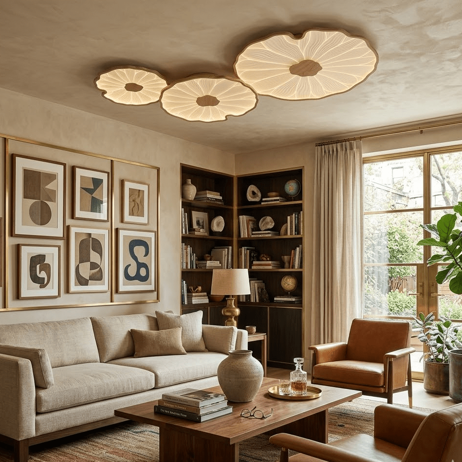Ceiling Light Acrylic Wood Look LED 135.0 cm Living Room Organic Lotus Leaf Flush Mount Fixture | Thomler