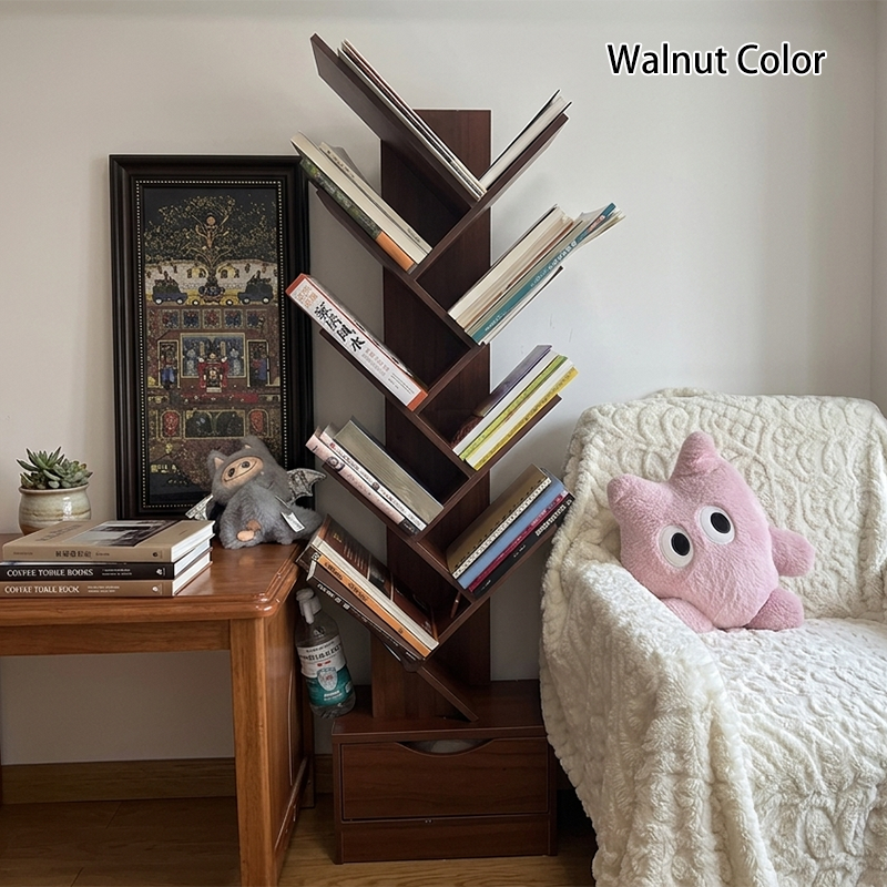 Modern Geometric Storage Tower Shelf Unit 6-12 Open Tiers Walnut Natural Wood for Living Room Study Den Small Spaces | Thomler