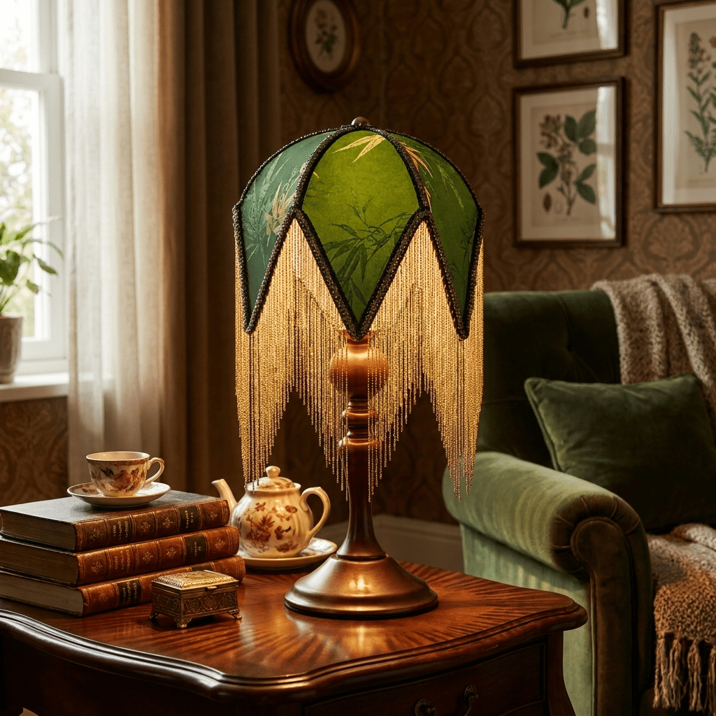 Victorian-Style Table Lamp with Botanical Fringe Shade & Wood Spindle Base – Bedside Accent Light for Living Room, Bedroom & Reading Nook | Thomler