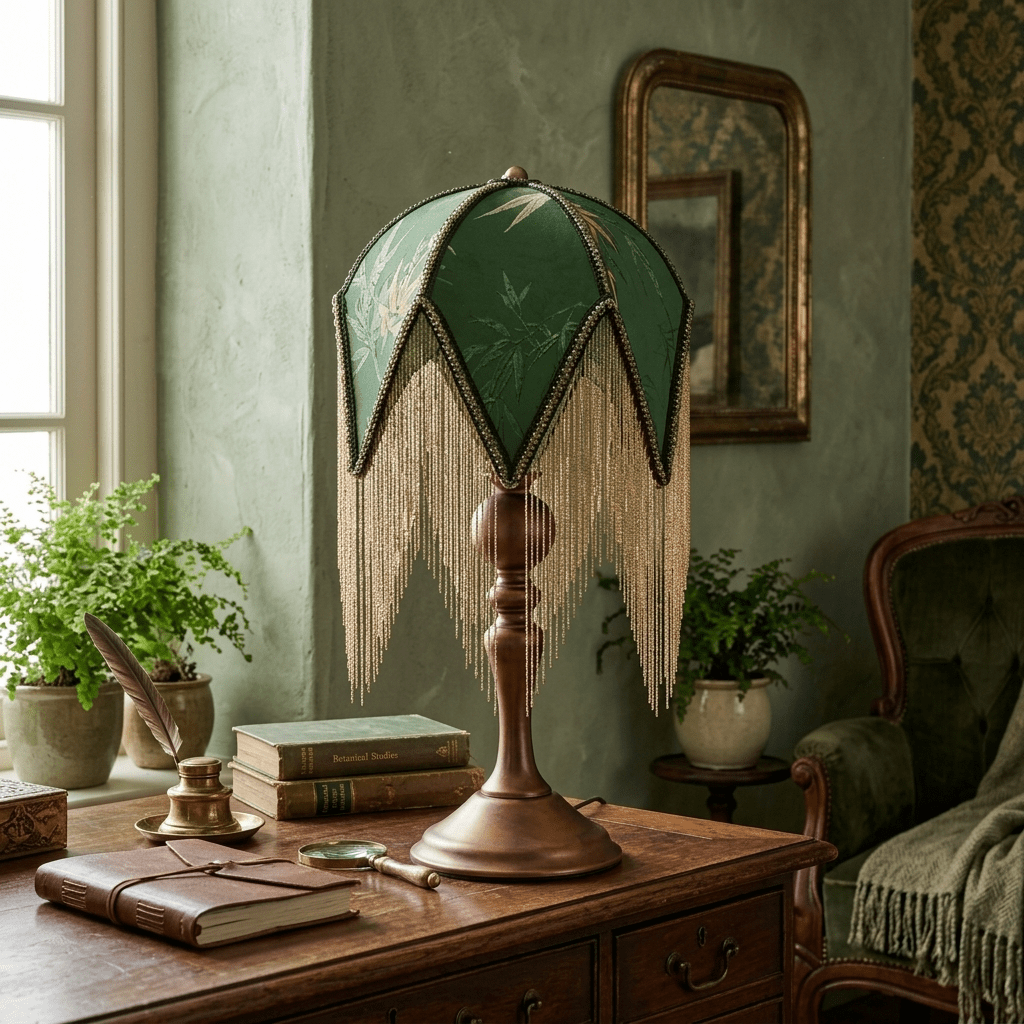 Victorian-Style Table Lamp with Botanical Fringe Shade & Wood Spindle Base – Bedside Accent Light for Living Room, Bedroom & Reading Nook | Thomler
