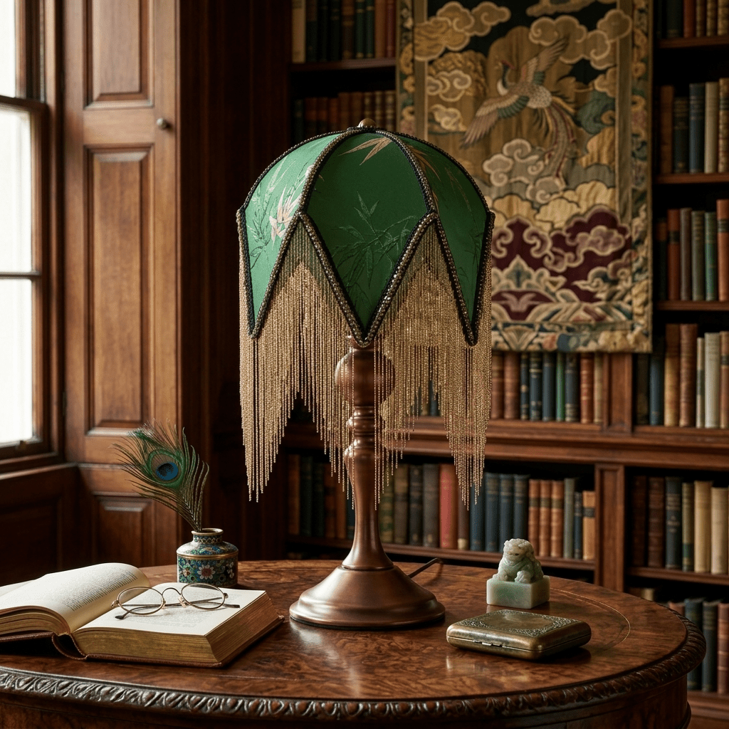 Victorian-Style Table Lamp with Botanical Fringe Shade & Wood Spindle Base – Bedside Accent Light for Living Room, Bedroom & Reading Nook | Thomler