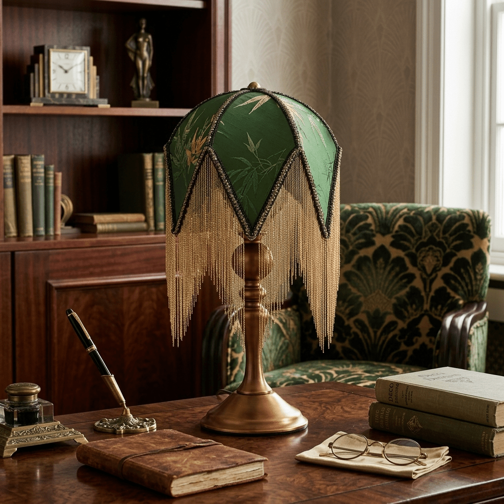 Victorian-Style Table Lamp with Botanical Fringe Shade & Wood Spindle Base – Bedside Accent Light for Living Room, Bedroom & Reading Nook | Thomler