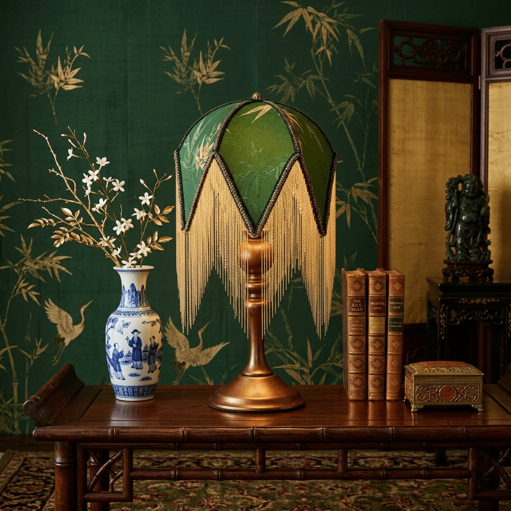 Victorian-Style Table Lamp with Botanical Fringe Shade & Wood Spindle Base – Bedside Accent Light for Living Room, Bedroom & Reading Nook | Thomler