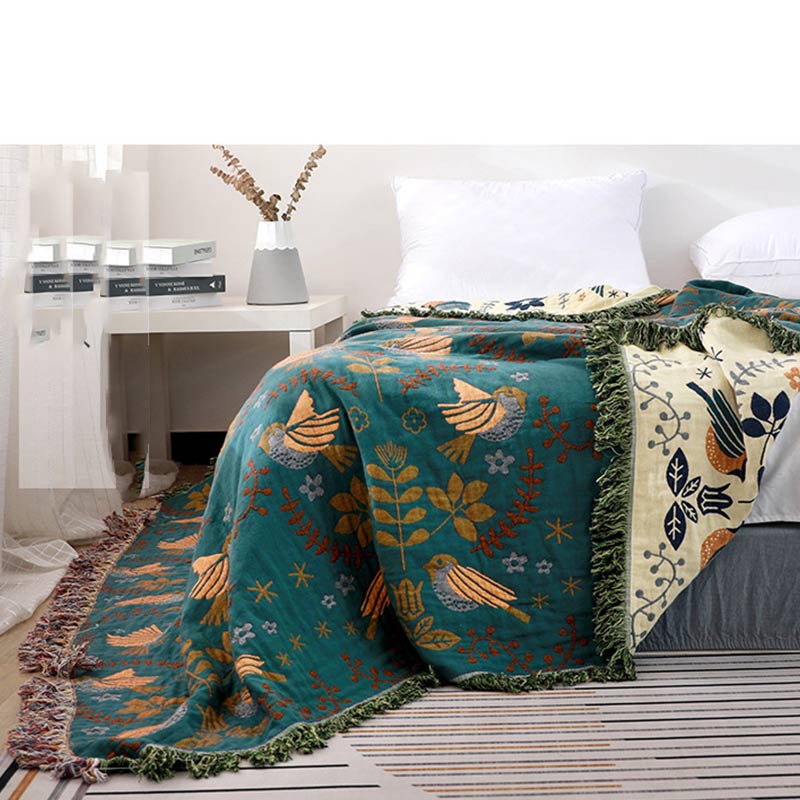 Reversible Cotton Throw Blanket with Woven Bird & Floral Pattern, Tasseled Edge for Couch, Sofa, Bed – Double-Sided Bohemian Home Accent | Thomler