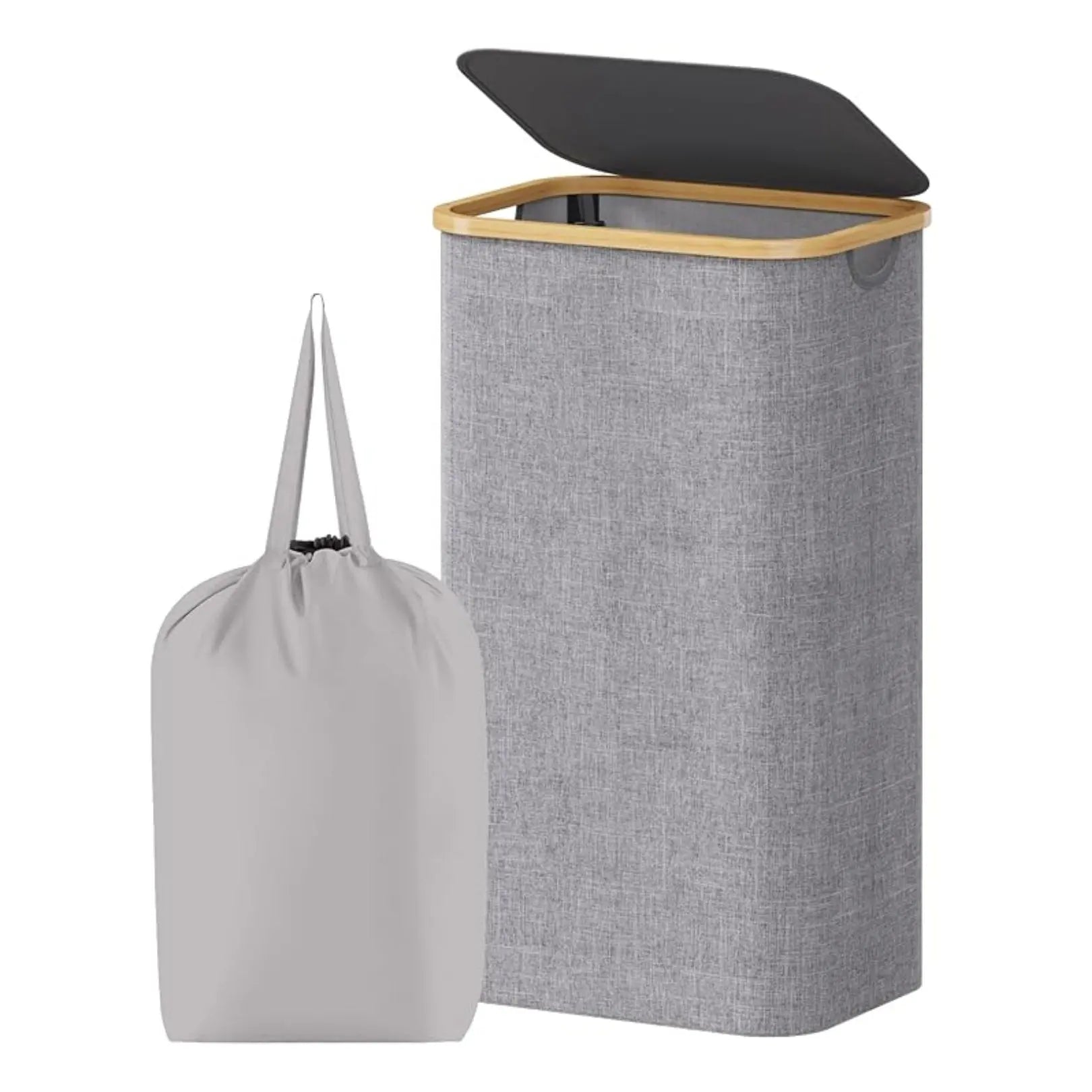 Collapsible Hamper with Cover & Removable Liner 100L Capacity for Bedroom Bathroom White Gray Black Bamboo Handles Upright Design | Thomler