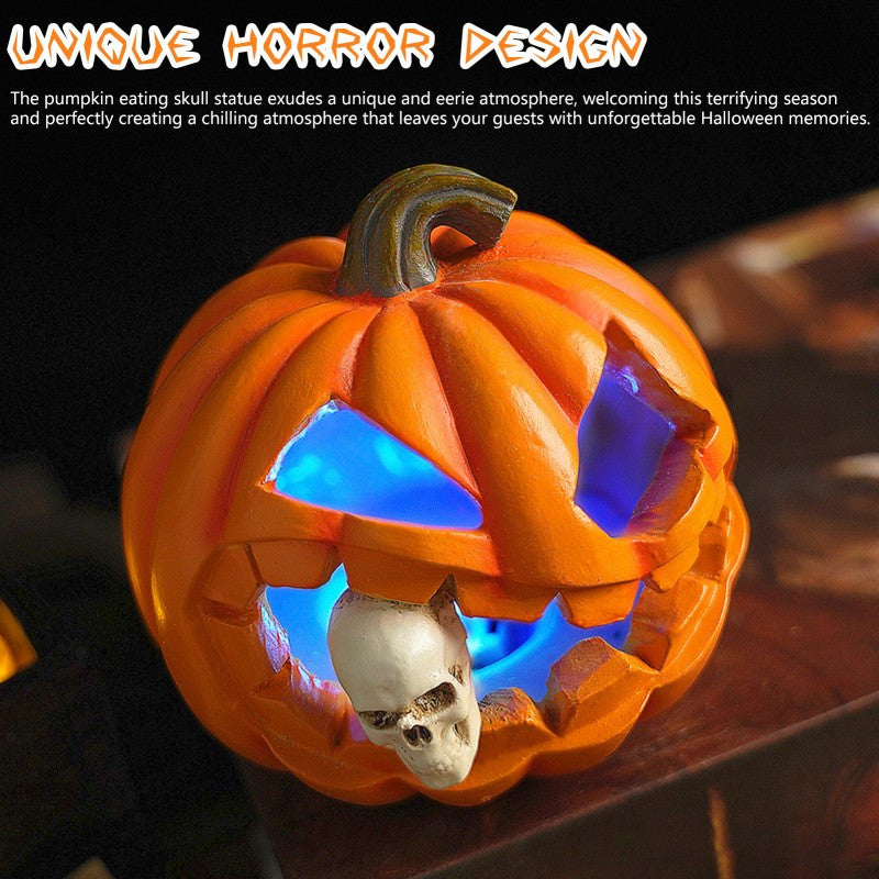 Resin Jack-o'-Lantern Figurine with Skull Insert for Halloween Tabletop Display – Freestanding Seasonal Ornament for Fireplace, Shelf & | Thomler